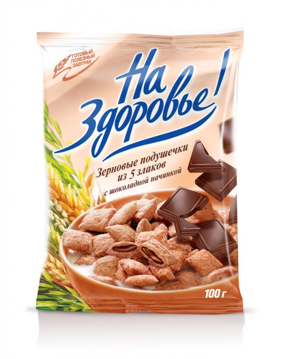 Зерновые подушечки из 5 злаков с шоколадной начинкой, ТМ «На Здоровье» 100 г