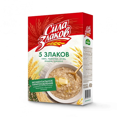 Cereal Flakes-Mix of 5 «Sila Zlakov» (Mix of oats, rye, barley, wheat and buckwheat flakes) 400 g, carton