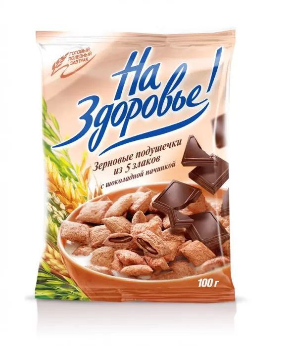 Зерновые подушечки из 5 злаков с шоколадной начинкой, ТМ «На Здоровье» 100 г